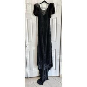 Stephen Yearick Crystal Bead Embroidered Black Long Evening Dress Mink Trim 8